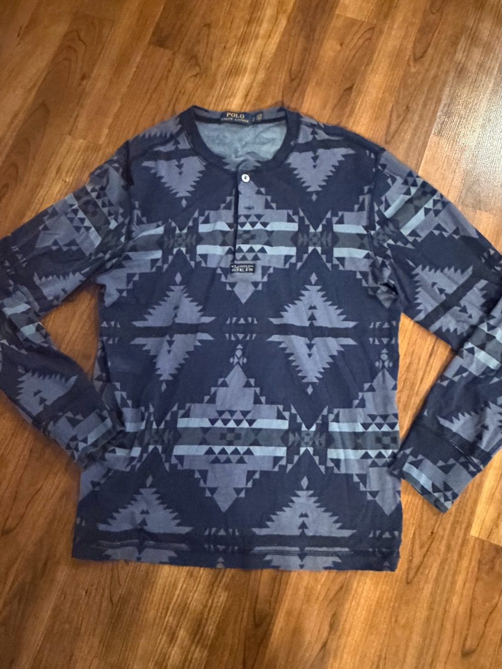 Polo Ralph Lauren blue Southwestern Aztec graphic long-sleeve henley shirt Small